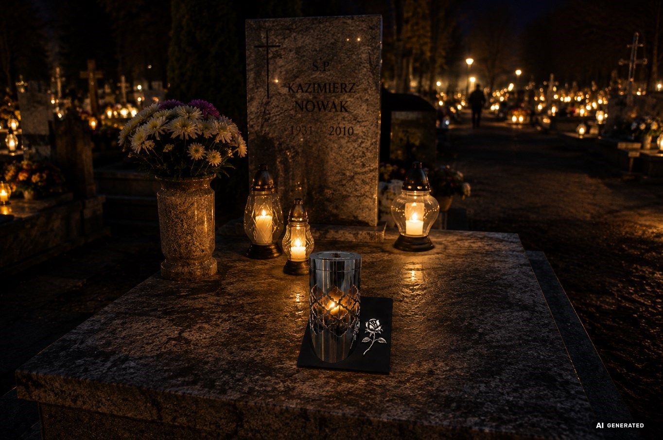 Znicz solarny LPS2 srebrny 23 cm z dekoracyjną różą